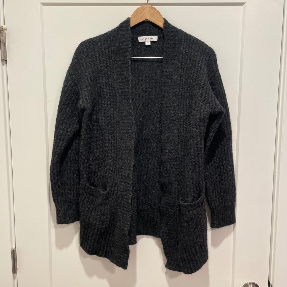 Amour Vert Women Gray Alpaca Merino Wool Blend Ribbed Open Front Cardigan Size M